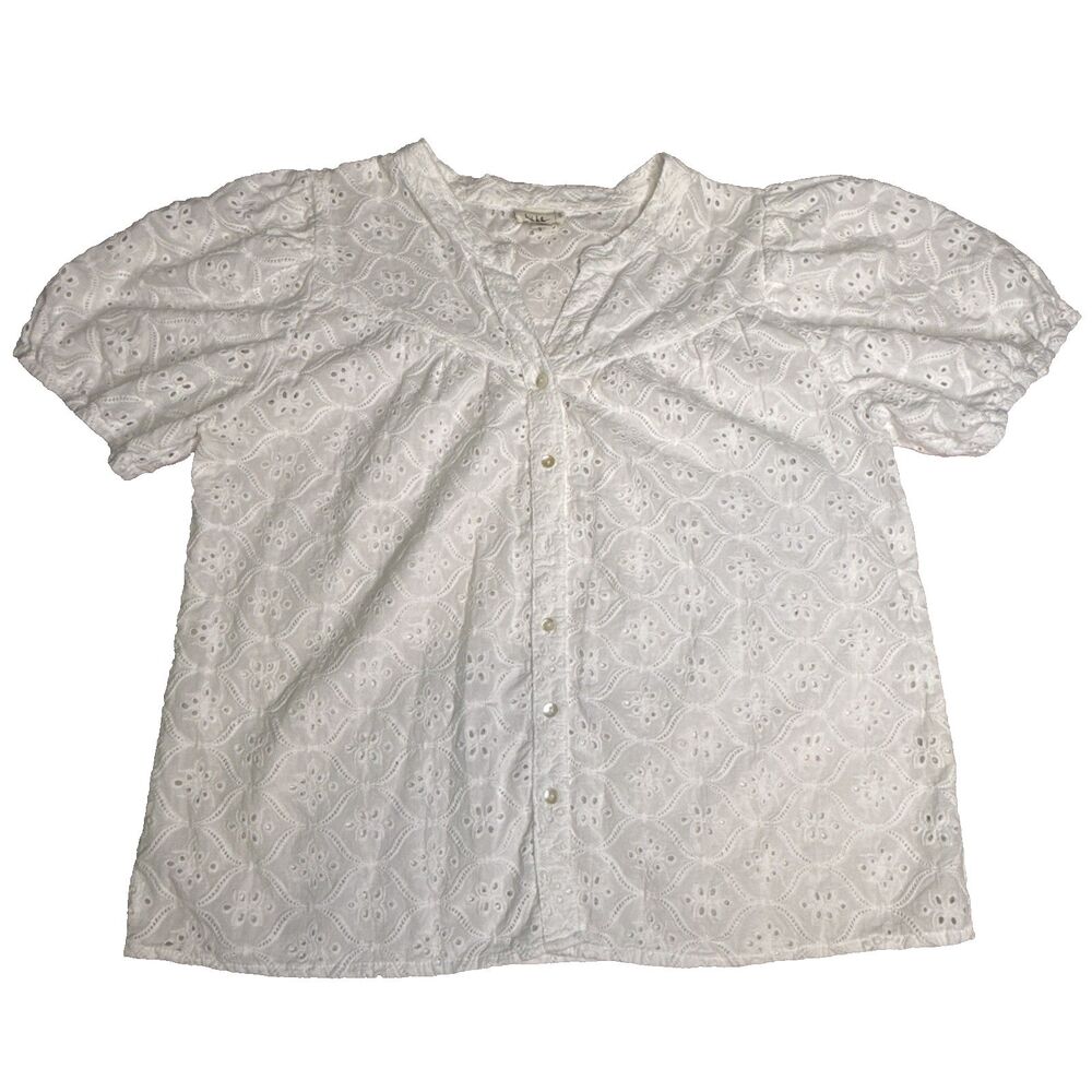 Artelier Nicole Miller Womens M White Cotton Eyelet Short Sleeve Blouse Top